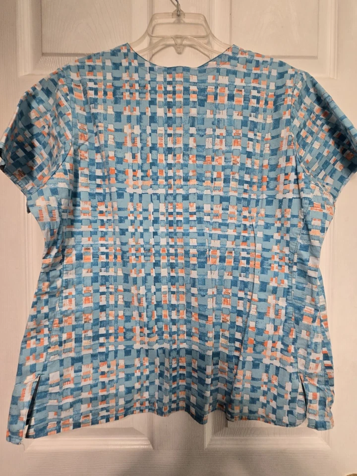 Vera Bradley Scrub Top size L-Turquoise/Orange Plaid V-Neck-Chest 23"/L 26" - Image 2 of 4