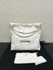 Chanel 22 Bag Medium Calfskin Quilted Chain Tote Bag Drawstring Bag White Auth