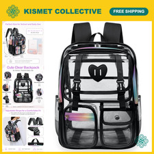 Heavy Duty Clear Backpack for School, Transparent Bookbag with Mesh Pockets, Sta