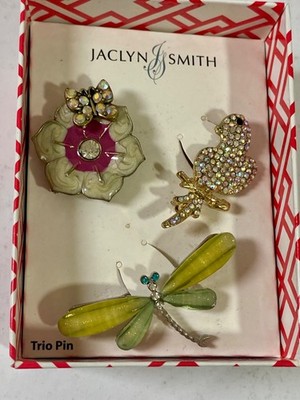 Jaclyn Smith Trio Pin Brooch Set Dragonfly Bird Butterfly Flower NIB Beautiful