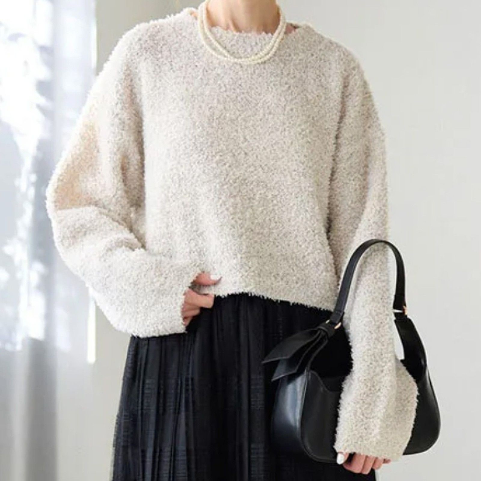 NWT Arizona Jean Co. (XL) Ivory Gray Cropped Crew Fluffy Pullover Sweater