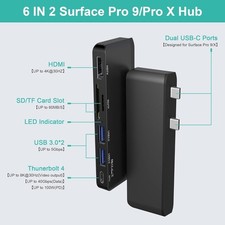 6in2 Black Surface Pro9 Hub Adapter With 4K HDMI UsbC UsbA TFCard DockingStation
