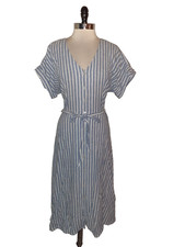 CHAPS Size XL A-Line Dress Blue White Stripes Short Sleeve Midi Linen Cotton