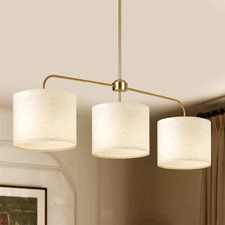3 Light Gold Linear Chandelier with Linen Beige Drum Shades,Modern Pendant Li...