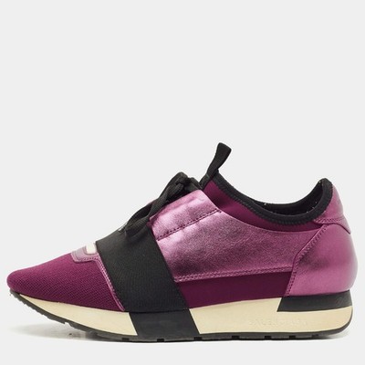 Balenciaga Lila Schwarz Leder und Stoff Race Runner Low Top Sneaker Größe 36