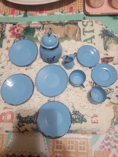Antique Blue Enamelware Child's Tea set, 11 pcs.