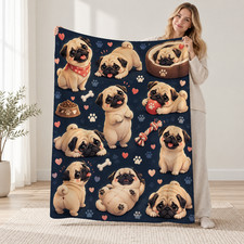 Dark Blue Cartoon Dogs Hearts And Paw Prints Coral Fleece Blanket