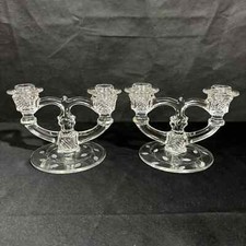 Pair of Double Candlesticks Clear Glass Floral Etched Base Candle Holders Set