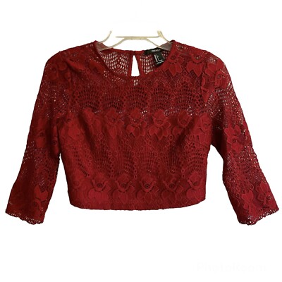 Vintage Forever 21 Large Lace Crop Top Red Long Sleeve Y2K