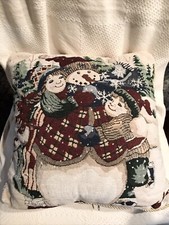 Tapestry Christmas Throw Pillow SNOWMAN CHILDREN 15 Zipper