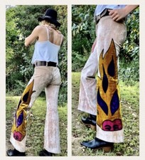 VTG 1970s SNIGGIN PIGGIN Glam Rock CRUSHED VELVET FLAME HEAD Appliqu Pants 32