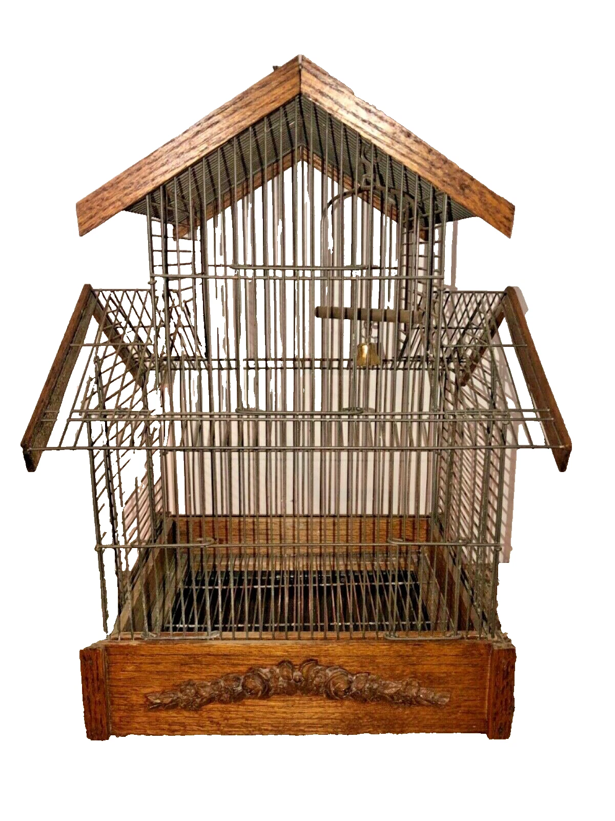 VINTAGE ANTIQUE VICTORIAN RUSTIC WOOD/ METAL WIRE BIRD CAGE DECOR 20.5 x 16