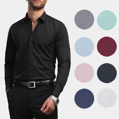 Men's Long Sleeve Slim Fitting Solid Pattern Formal Office Dress Shirts S-3XL