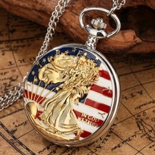 Mens Womens Quartz Pocket Watch American Flag Gold Statue Liberty Case Gifts