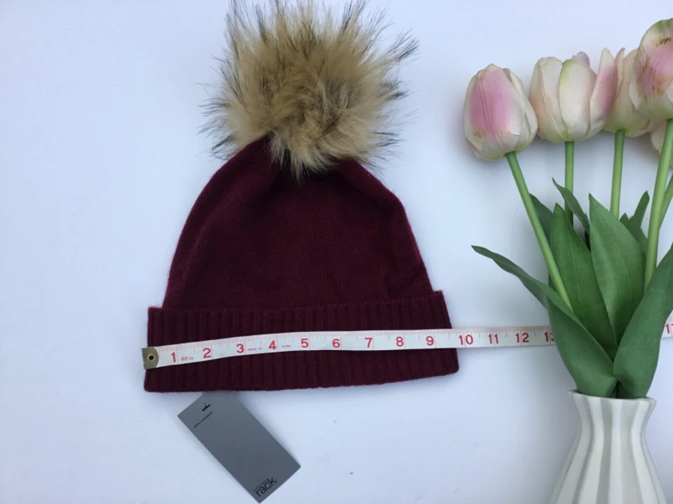 Nordstrom Rack 100% Cachemira Gorro Piel Sintética Pompón Sombrero Borgoña Rojo Regalo Foto 2 de 4