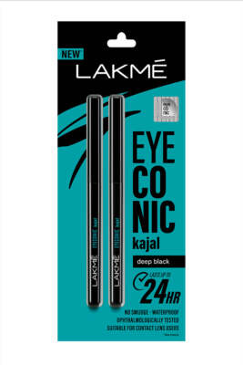 New Lakme Eyeconic Kajal Deep Black Kohl Smudge Proof 24 hr TWIN PACK