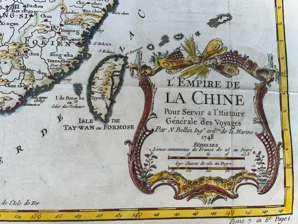 ФАРФОР КОРЕЯ 1748 НИКОЛА БЕЛЛИН ИЗЯЩНЫЙ ПОДРОБНЫЙ АНТИКВАРНАЯ КАРТА В ЦВЕТАХ 18 ВЕКА - Изображение 2 из 4