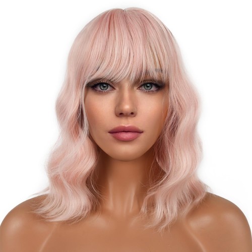 Short Bob Wig with Bangs for Women Wavy Shoulder Length Bob - Peach Fuzz