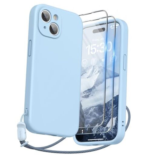 Designed for iPhone 15 Case with Screen Protector and Lanyard, Light Blue-image