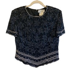 Papell Boutique Silk Top Womens Size Medium Black Evening Beading Shirt Blouse