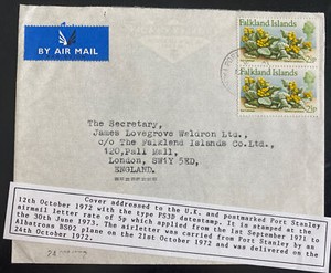 1971 Fox Bay Falkland Islands Airmail Cover To London England