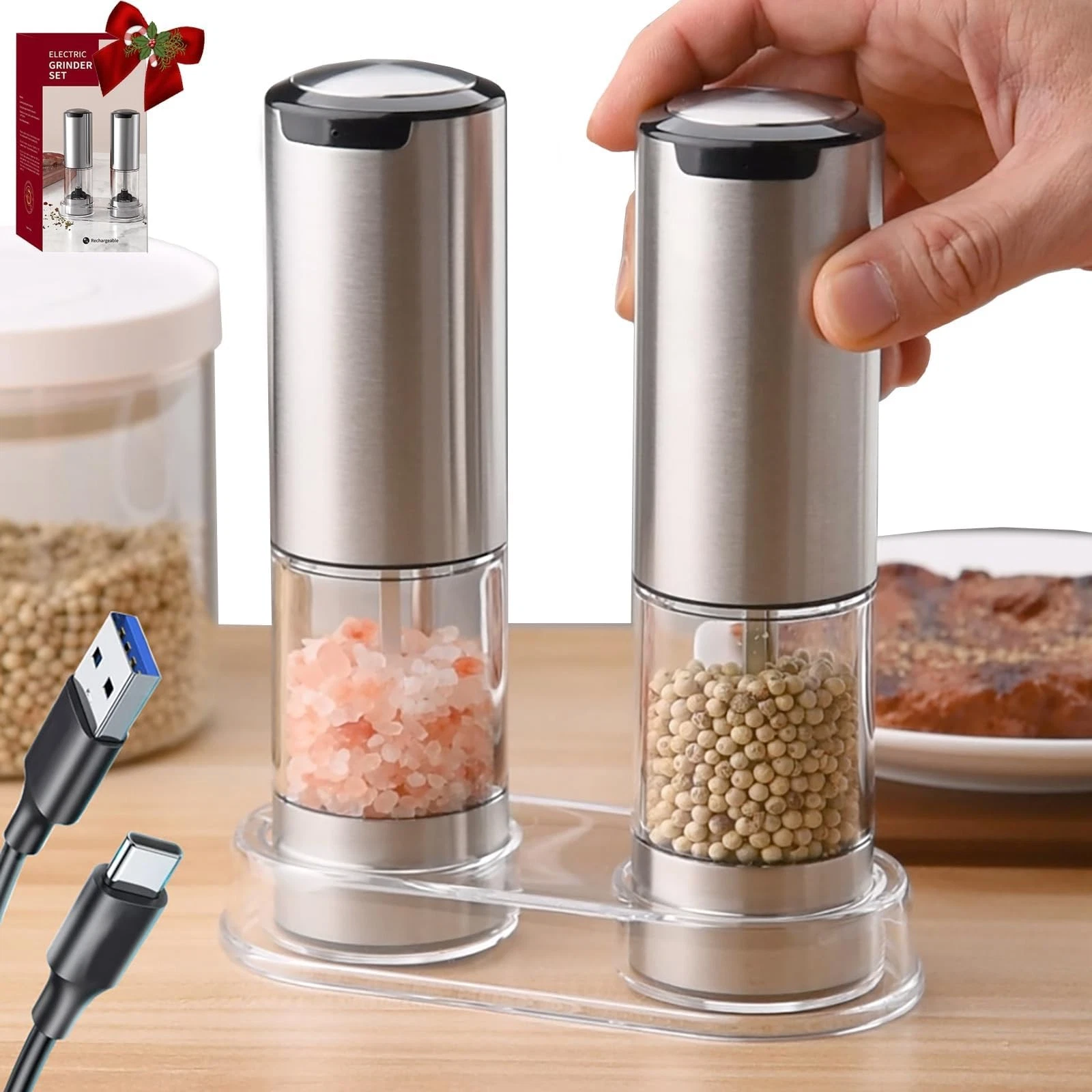 Rechargeable Salt and Pepper Grinder Set,Salt and Pepper Grinder, Adjustable ...