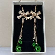 Jingle Bell Dangle Chain Earrings INCLUDES GIFT BOX - Green - Christmas Holiday