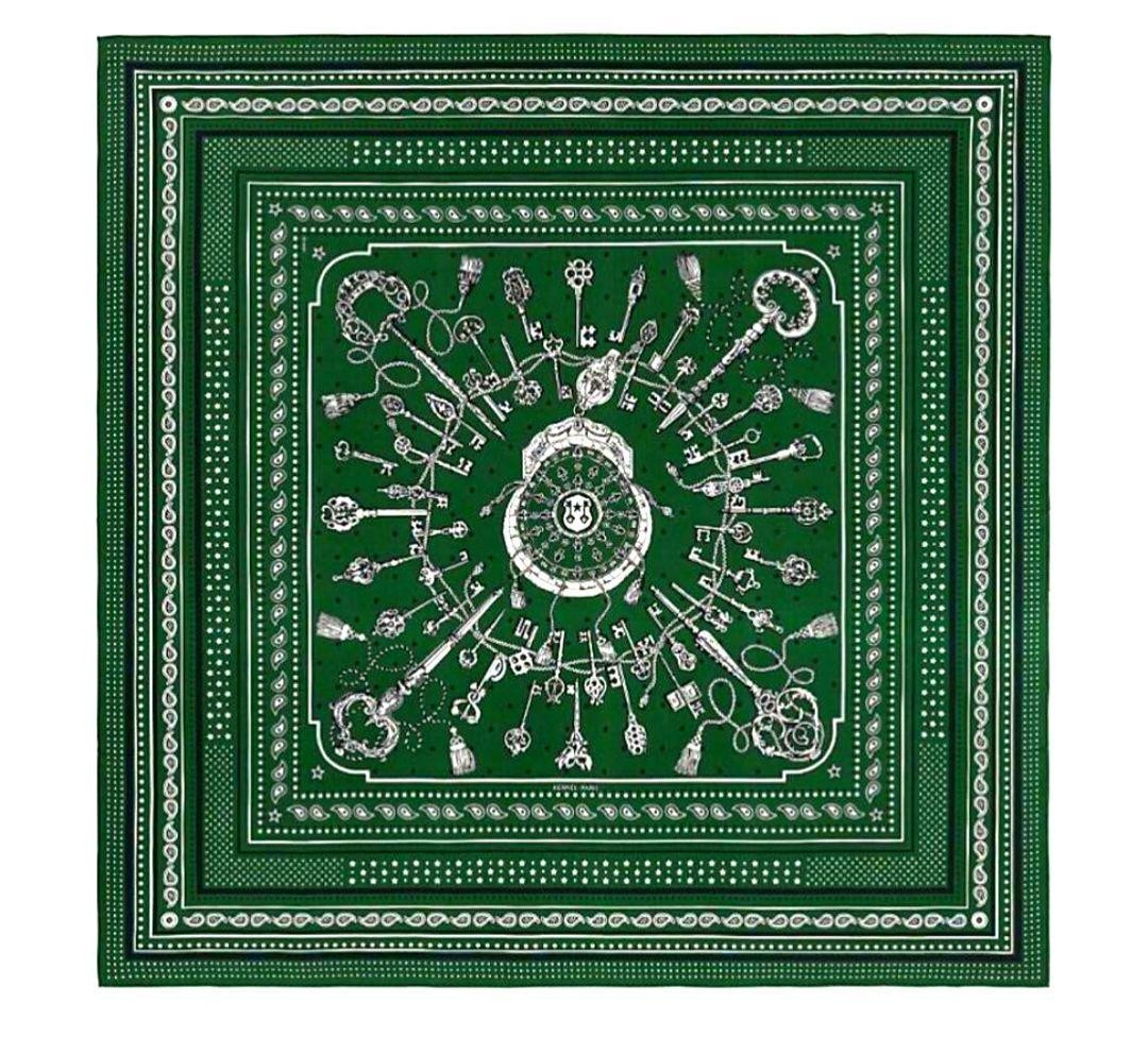 HERMES Carre 140 Les Cles Bandana Cashmere Silk Shawl Green Noir Blanc Scarf