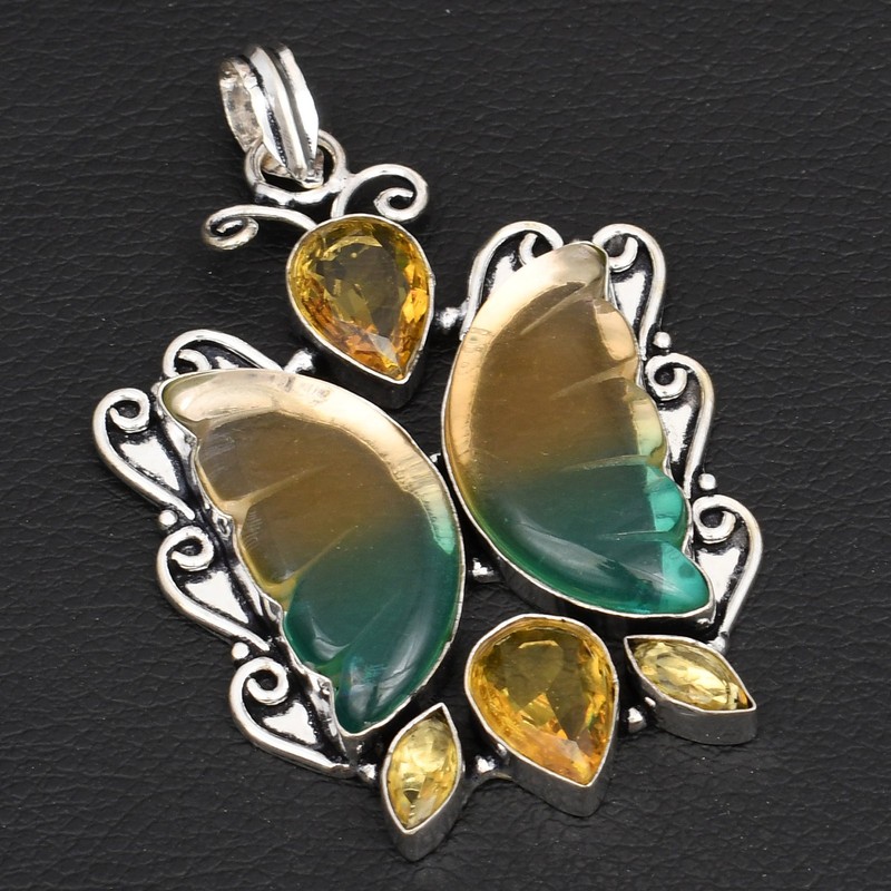 Bi Color Tourmaline Citrine Gemstone Butterfly Pendant Jewelry 2.88" AP-36994