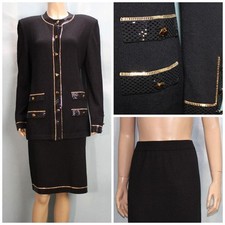St John Evening Jacket Skirt 2pc Suit Black Size 10 12 Sequins Trim Gold Buttons