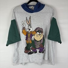 LOONEY TUNES Oversize L 1993 Taz Bugs Bunny Hoodie Short Sleeve Shirt Vintage