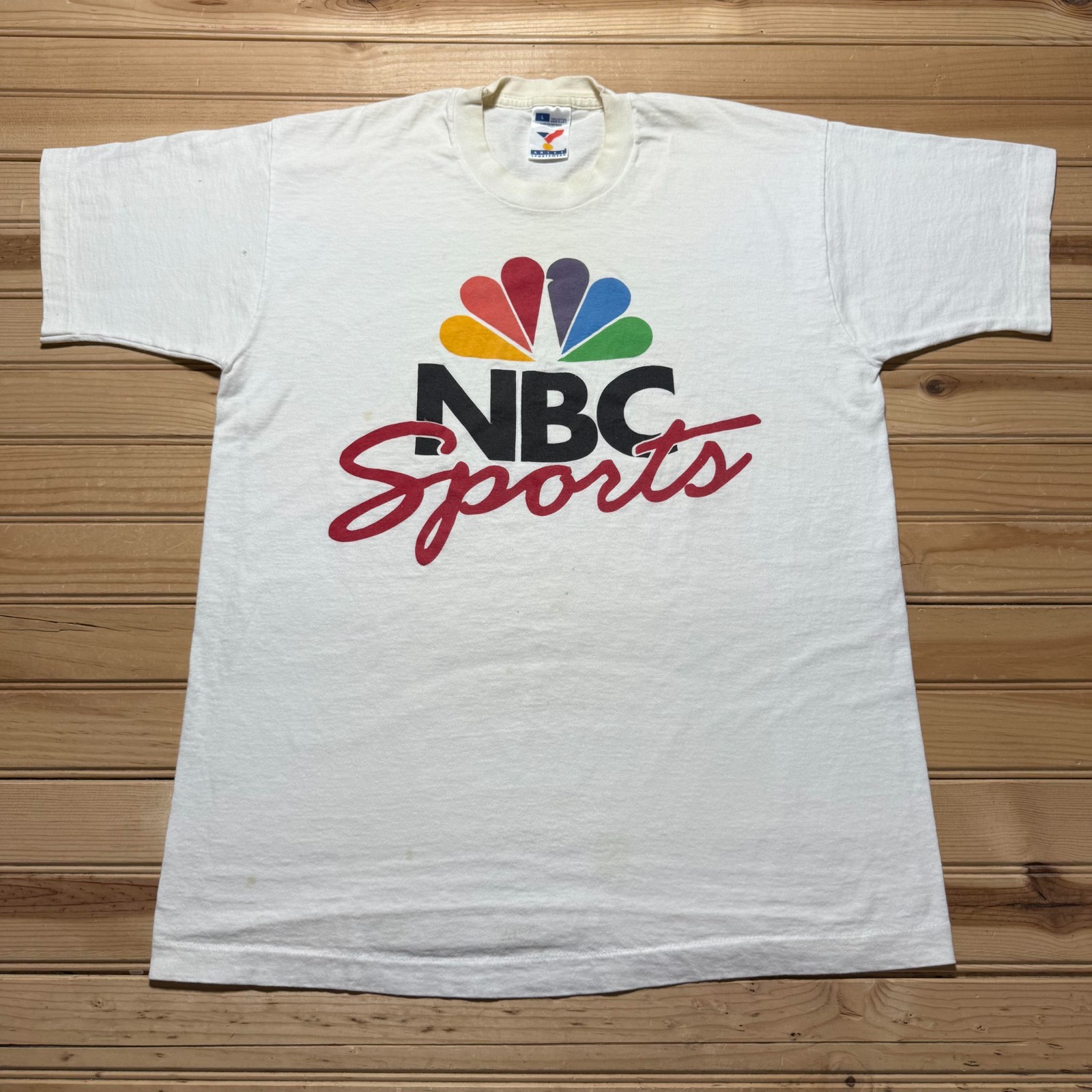 Vintage 80s 90s NBC Sports Rainbow Peacock Logo T-Shirt USA Made - Size Large