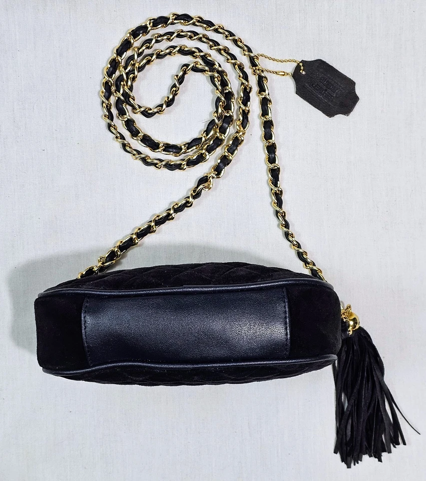 Bolso Bandolera Bolso Cartera Bechamel Acolchado Cuero Gamuza Negro Cadena Dorada Foto 3 de 4