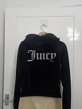 Juicy Couture Black Velour Hoodie Tracksuit Top Lounge Sports Wear Crystal M VGC