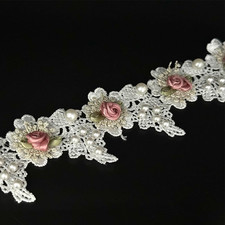 1 Yard Vintage White Pearl Beads Rose Flowers Embroidered Lace Edge Trim Fabric 1 Yard Vintage White Pearl Beads Rose Flowers Embroidered Lace Edge Trim Fabric