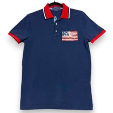 Polo Ralph Lauren Custom Slim Fit Polo Shirt Mens S Navy Blue Red USA Flag Patch