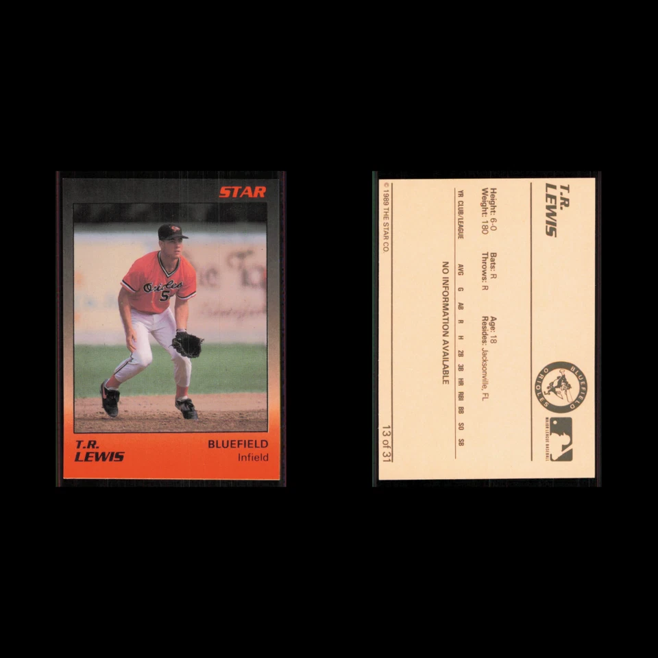T.R. Tarjeta de béisbol Lewis #13 1989 Star Minor League Bluefield Orioles MLB casi nueva Foto 3 de 3