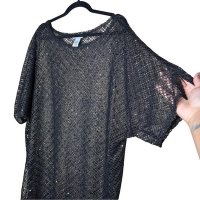 Catherines Womens 1X 18/20W Black Metallic Sequin Mesh Tunic Top Glam Party