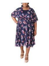 SIGNATURE BY ROBBIE BEE Womens Navy Elbow Sleeve Midi Fit + Flare Dress Plus 20W