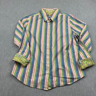 Robert Graham Shirt Womens Large Purple Green Striped Paisley Embroidered Disco