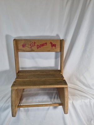 VTG Wooden Kids Child Step Up Sit Down Stool Seat Chair Animals Wood Rustic