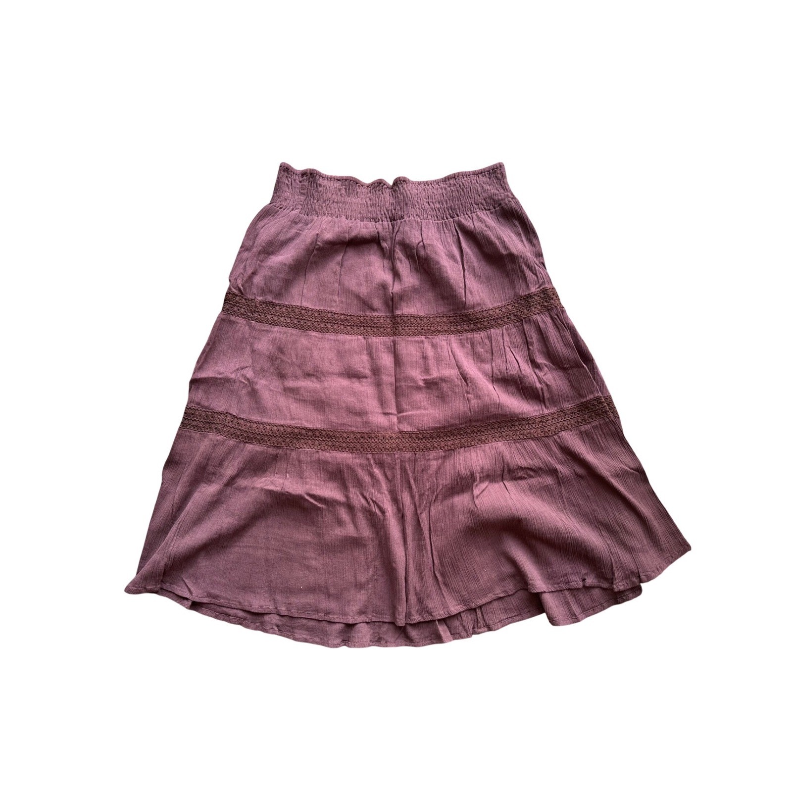 Y2K Raviy Womens Smocked Tiered Midi Skirt Burgundy Crinkle Gauze Lace Trim L