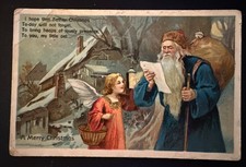 Old World -Blue Robe Santa Claus with Angel ~Antique Gel~Christmas Postcard~r345