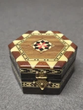 Vintage Grenada Marquetry Lacquered Mosaic Inlayed Jewelry Box Stamped