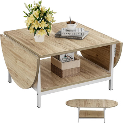 2-Tier Foldable Coffee Table, White & Oak, Modern Living Room Table