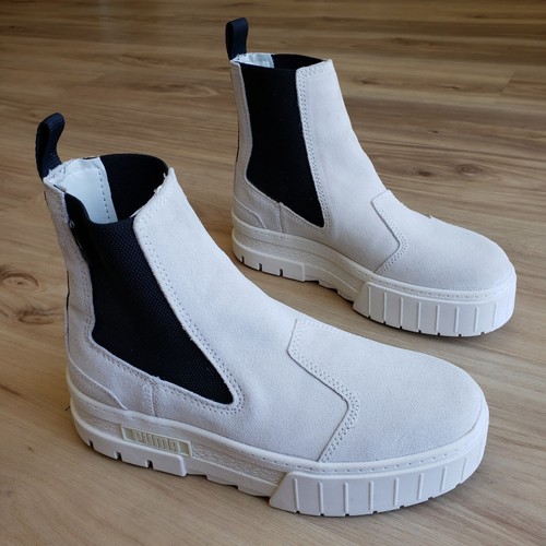 Puma Mayze Suede Chelsea Boots Cream Black Womens 7.5 Pull On Combat Ankle  | eBay