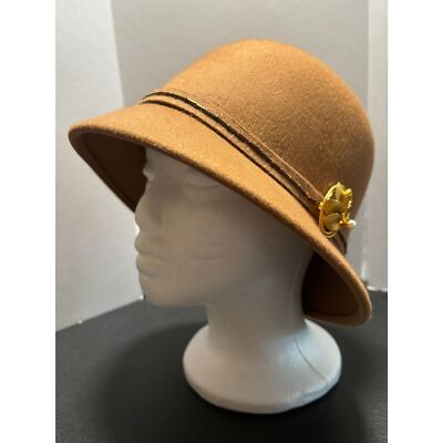 Vintage Camel Color Cloche Hat Wool Felt Retro Beaded Ribbon  display picture 2