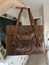 Vintage Mid Century Tooled Leather Mexican With Aztec Indian Horse And Mandala