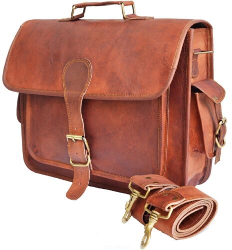 16" Men's Handmade Leather Messenger Bag Shoulder Laptop Bag Brown Briefcase  - Picture 1 of 18