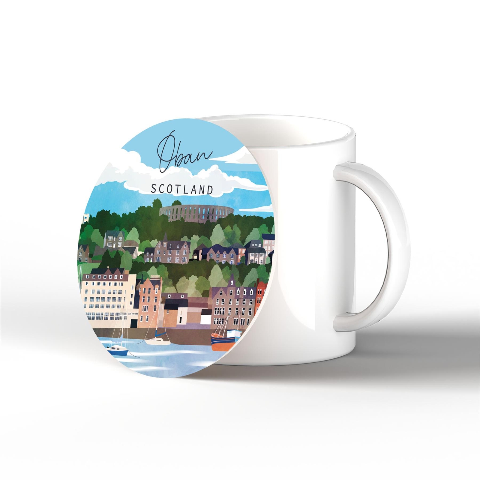 Oban Harbour Front Scotlands Landscape Illustration Ceramic Coaster